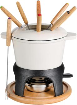 BIRDROCK HOME 16 pc Cast Iron Fondue Pot Set for Chocolate, Cheese, Meat | Ceramic Pot | 8 Fondue Forks | Chrome Safety Burner | Wedding Party Housewarming Gift | Cream