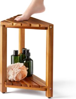 BLUEWEST Corner Shower Stool, Wooden Corner Shower Bench for Shaving Legs Inside Shower, Waterproof Shower Foot Rest with Storage Shelf, Shower Seats and Benches