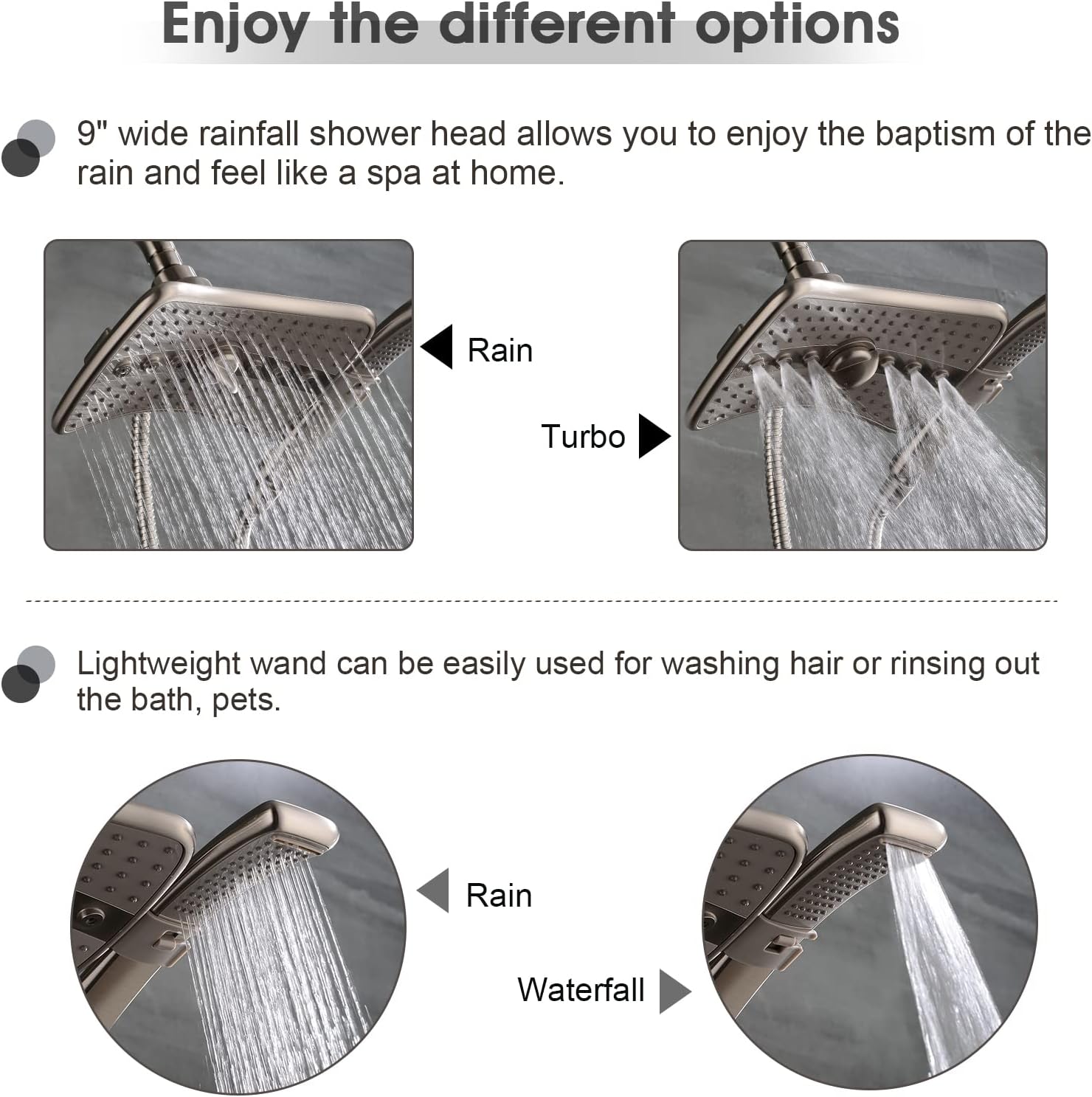 BRIGHT SHOWERS Brushed Nickel Shower Combo - Fixed and Handheld Heads With Grey Faceplates1