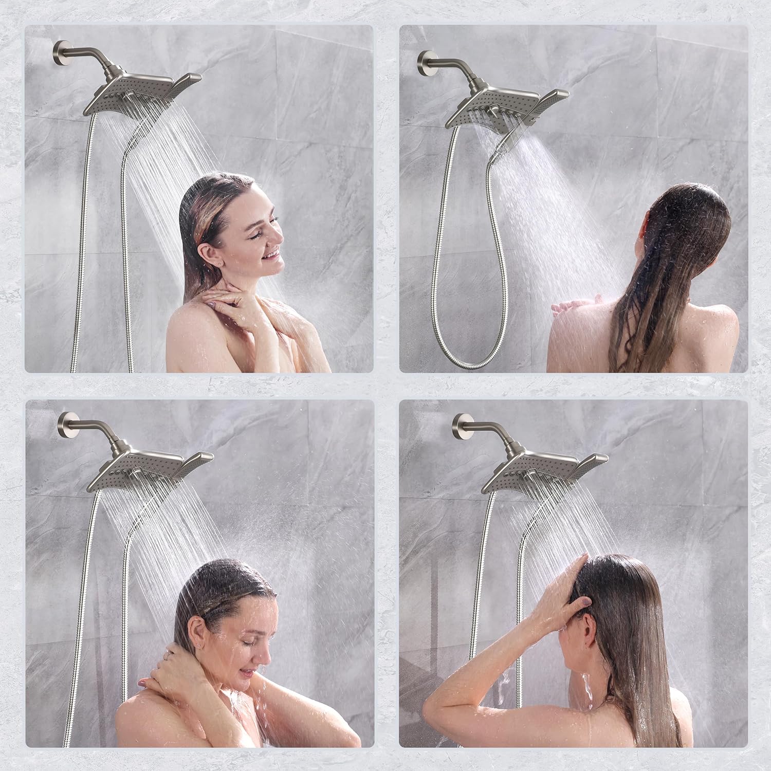 BRIGHT SHOWERS Brushed Nickel Shower Combo - Fixed and Handheld Heads With Grey Faceplates5