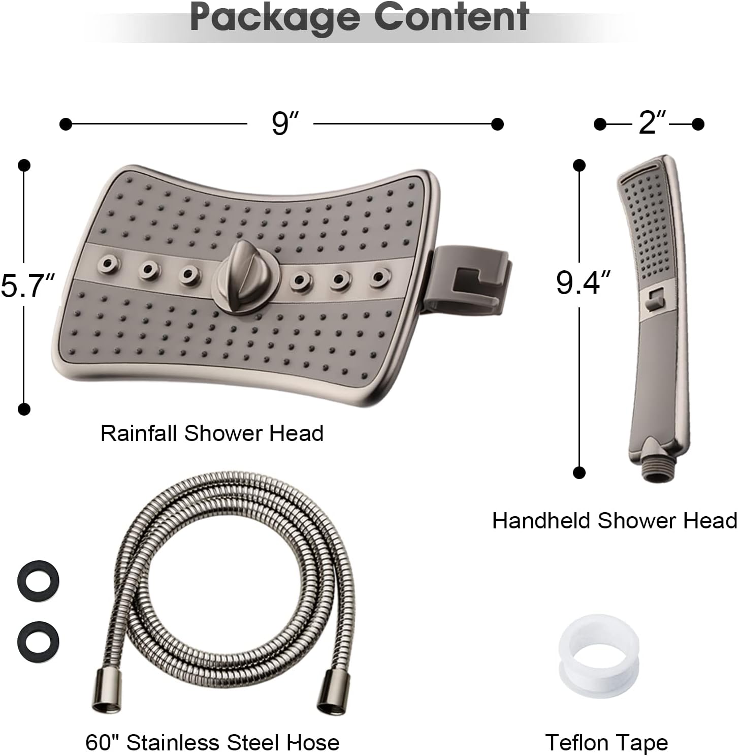 BRIGHT SHOWERS Brushed Nickel Shower Combo - Fixed and Handheld Heads With Grey Faceplates7