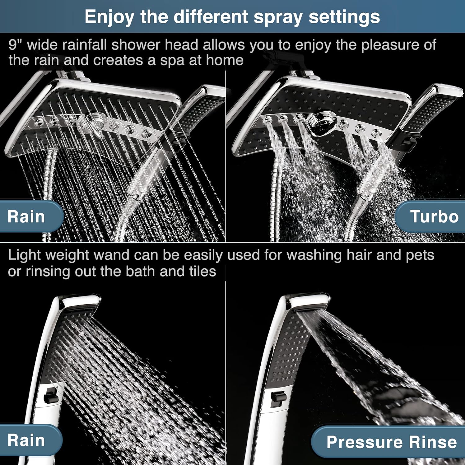 BRIGHT SHOWERS Dual Shower Head Combo Set, Handheld Showerhead Rainfall Shower Head Combo with Black Face, 60 Inch Long Stainless Steel Shower Hose, Chrome1