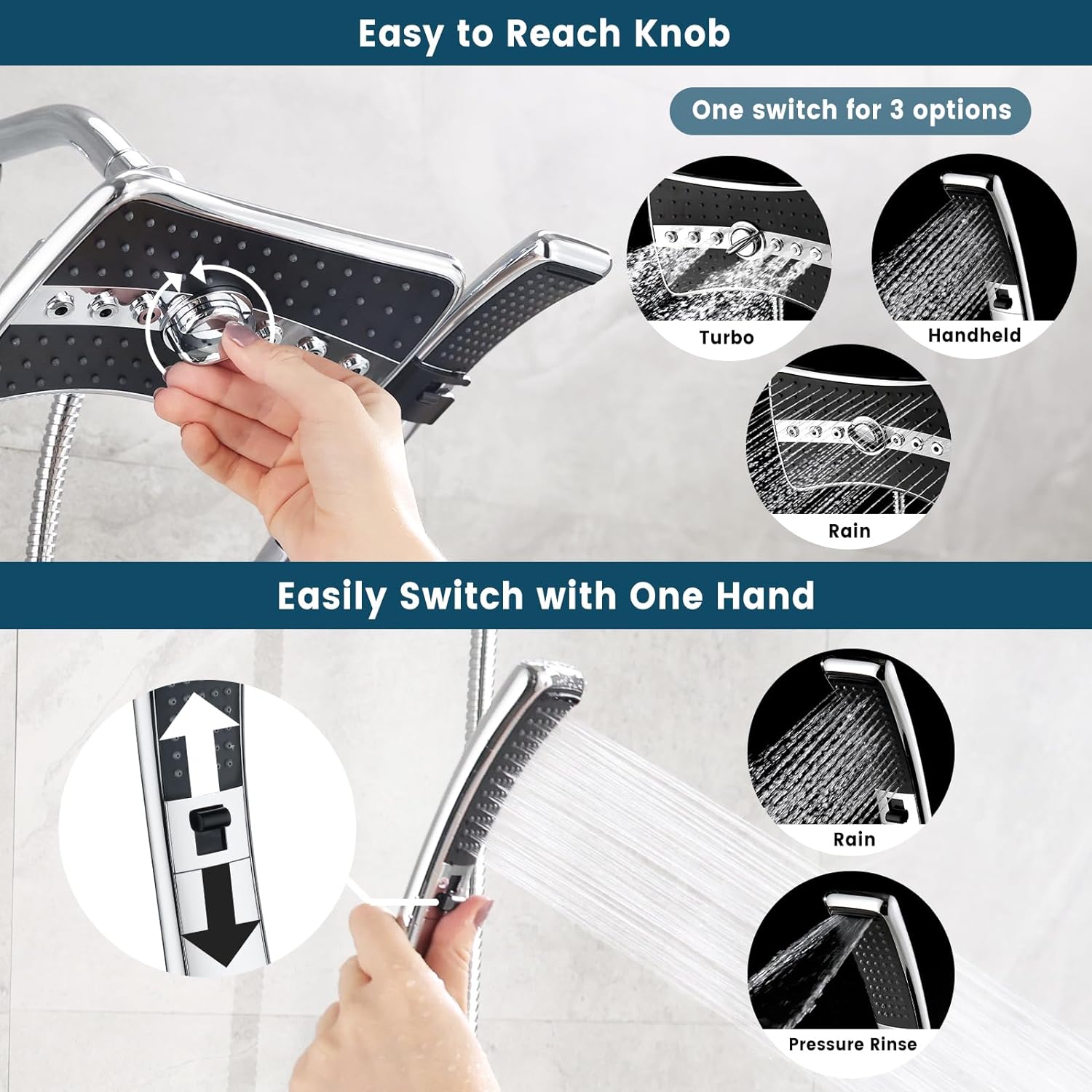 BRIGHT SHOWERS Dual Shower Head Combo Set, Handheld Showerhead Rainfall Shower Head Combo with Black Face, 60 Inch Long Stainless Steel Shower Hose, Chrome7