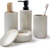 Beige Bathroom Accessory Sets, 4 Pieces Bathroom Accessories Complete Set Vanity Countertop Accessory Set, includes Lotion Dispenser Soap Pump, Tumbler, Toothbrush Holder, Qtip Holder