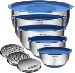 Belwares Mixing Bowls with Lids Set - Nesting Bowls with Airtight Lids + Graters - Stainless Steel Non-Slip Mixing Bowl for Baking, Food Storage and Prepping (Blue, 5-Piece Set)