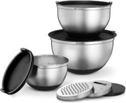 Belwares Mixing Bowls with Lids Set - Nesting Bowls with Graters, Handle, Pour Spout, Airtight Lids - Stainless Steel Non-Slip Mixing Bowl for Cooking, Baking, Prepping, Food Storage (Set of 3)