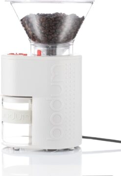 Bodum Bistro Electric Conical Burr Coffee Grinder, Preset Timer, 12 Grind Settings, White