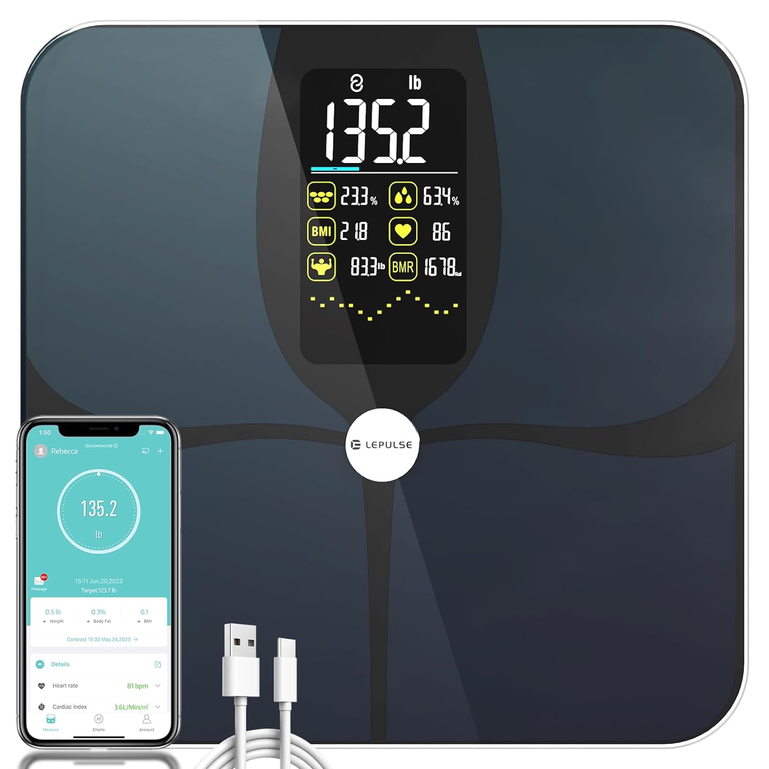 Body Fat Scale, Lepulse Large Display Scale for Body Weight, Accurate Digital Bathroom Scale, Rechargeable BMI Smart Weight Scale with Body Fat Muscle Heart Rate, 15 Body Composition Body Fat Scale, Lepulse Large Display Scale for Body Weight, Accurate Digital Bathroom Scale, Rechargeable BMI Smart Weight Scale with Body Fat Muscle Heart Rate, 15 Body Composition