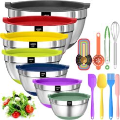 Bowls with Airtight Lids, 20 piece Stainless Steel Metal Nesting Bowls, Non-Slip Colorful Silicone Bottom, Size 7, 3.5, 2.5, 2.0,1.5, 1,0.67QT, Great for Mixing, Baking, Serving