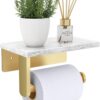 Brushed Gold Toilet Paper Holder with Natural Marble Shelf, 304 Stainless Steel Screw Wall Mounted, Tissue Roll Paper Holder Dispenser for Bathroom Washroom