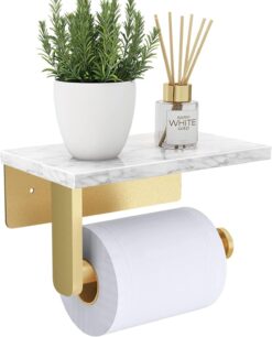 Brushed Gold Toilet Paper Holder with Natural Marble Shelf, 304 Stainless Steel Screw Wall Mounted, Tissue Roll Paper Holder Dispenser for Bathroom Washroom