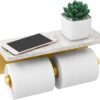 Brushed Gold Toilet Paper Holder with Shelf, New Upgrade Double Toilet Paper Holder with Storage, Marble Roll Toilet Paper Wall Mount for Bathroom Washroom