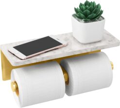 Brushed Gold Toilet Paper Holder with Shelf, New Upgrade Double Toilet Paper Holder with Storage, Marble Roll Toilet Paper Wall Mount for Bathroom Washroom
