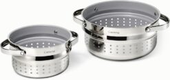 Caraway Steamer Duo - Stainless Steel Steamer with Handles - Non Stick, Non Toxic Coating - Steam Veggies, Seafood, and More - Compatible With Our Dutch Oven or Sauce Pan