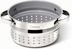 Caraway Steamer - Stainless Steel Steamer with Handles - Non Stick, Non Toxic Coating - Steam Veggies, Seafood, and More - Compatible With Our Dutch Oven or Sauce Pan - Small