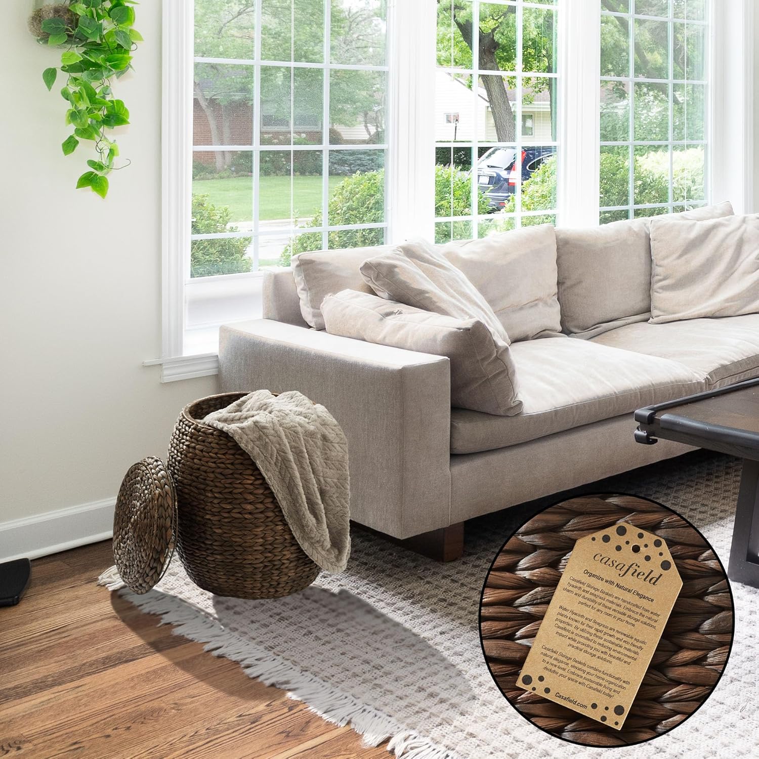 Casafield Round Storage Basket with Lid - Espresso, Handwoven Water Hyacinth Organizer for Laundry, Blankets, Plants, Bedroom, Living Room, Home Office1