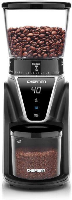 Chefman Conical Burr Coffee Grinder, Create The Boldest & Most Flavorful Grind With 31 Settings From Coarse To Extra Fine, One-Touch Digital Control & 9.7-oz Bean Capacity, Black