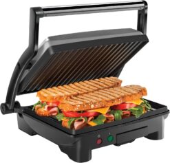 Chefman Panini Press Grill and Gourmet Sandwich Maker Non-Stick Coated Plates, Opens 180 Degrees to Fit Any Type or Size of Food, Stainless Steel Surface and Removable Drip Tray, 4 Slice, Black