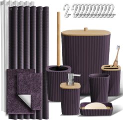 Clara Clark Bathroom Accessories Set - Purple Bathroom Set, Bathroom Sets with Shower Curtain and Rugs, 22PC Shower Curtain Set with Trash Can