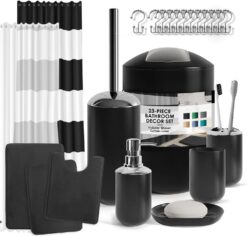 Clara Clark Bathroom Set - Black Bathroom Accessories Set, Bathroom Sets with Shower Curtain and Rugs, 23PC Shower Curtain Set with Liner, Soap Dispenser, Toilet Brush, & Trash Can