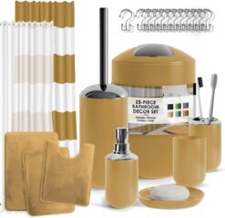 Clara Clark Bathroom Set - Gold Bathroom Accessories Set, Bathroom Sets with Shower Curtain and Rugs, 23PC Shower Curtain Set with Liner, Soap Dispenser, Soap Dish, Toilet Brush Holder, and Trash Can