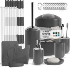 Clara Clark Bathroom Set - Gray Bathroom Accessories Set, Bathroom Sets with Shower Curtain and Rugs, 23PC Shower Curtain Set with Liner, Soap Dispenser, Soap Dish, Toilet Brush Holder, and Trash Can