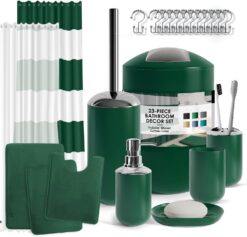 Clara Clark Bathroom Set - Green Bathroom Accessories Set, Bathroom Sets with Shower Curtain and Rugs, 23PC Shower Curtain Set with Liner, Soap Dispenser, Soap Dish, Toilet Brush Holder, and Trash Can
