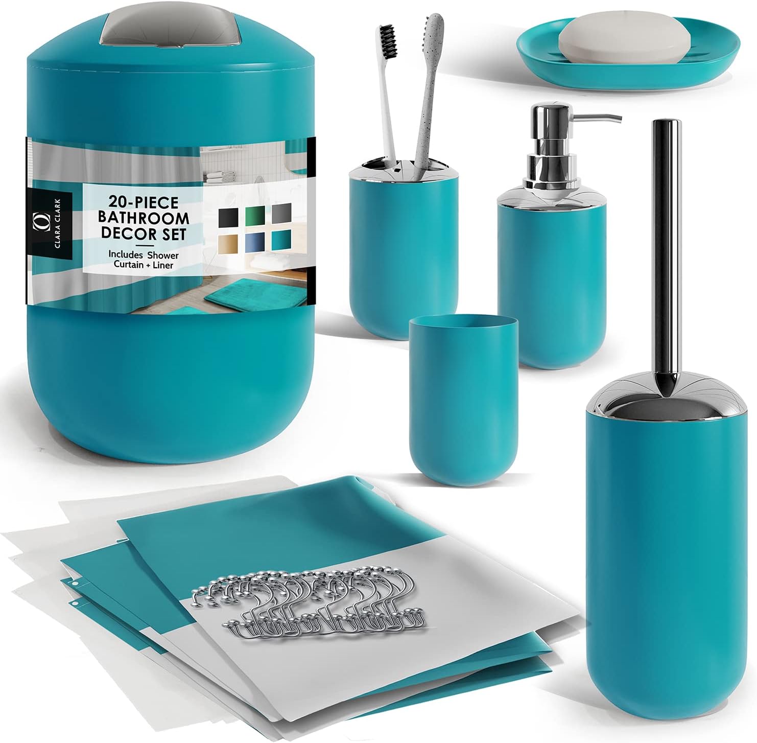 Clara Clark Bathroom Set - Teal Bathroom Accessories Set, 20PC Bathroom Accessory Set, Shower Curtain Set with Liner, Toothbrush Holder, Soap Dispenser, Soap Dish, Toilet Brush Holder, and Trash Can11