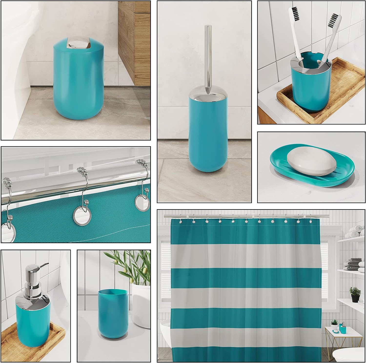 Clara Clark Bathroom Set - Teal Bathroom Accessories Set, 20PC Bathroom Accessory Set, Shower Curtain Set with Liner, Toothbrush Holder, Soap Dispenser, Soap Dish, Toilet Brush Holder, and Trash Can3