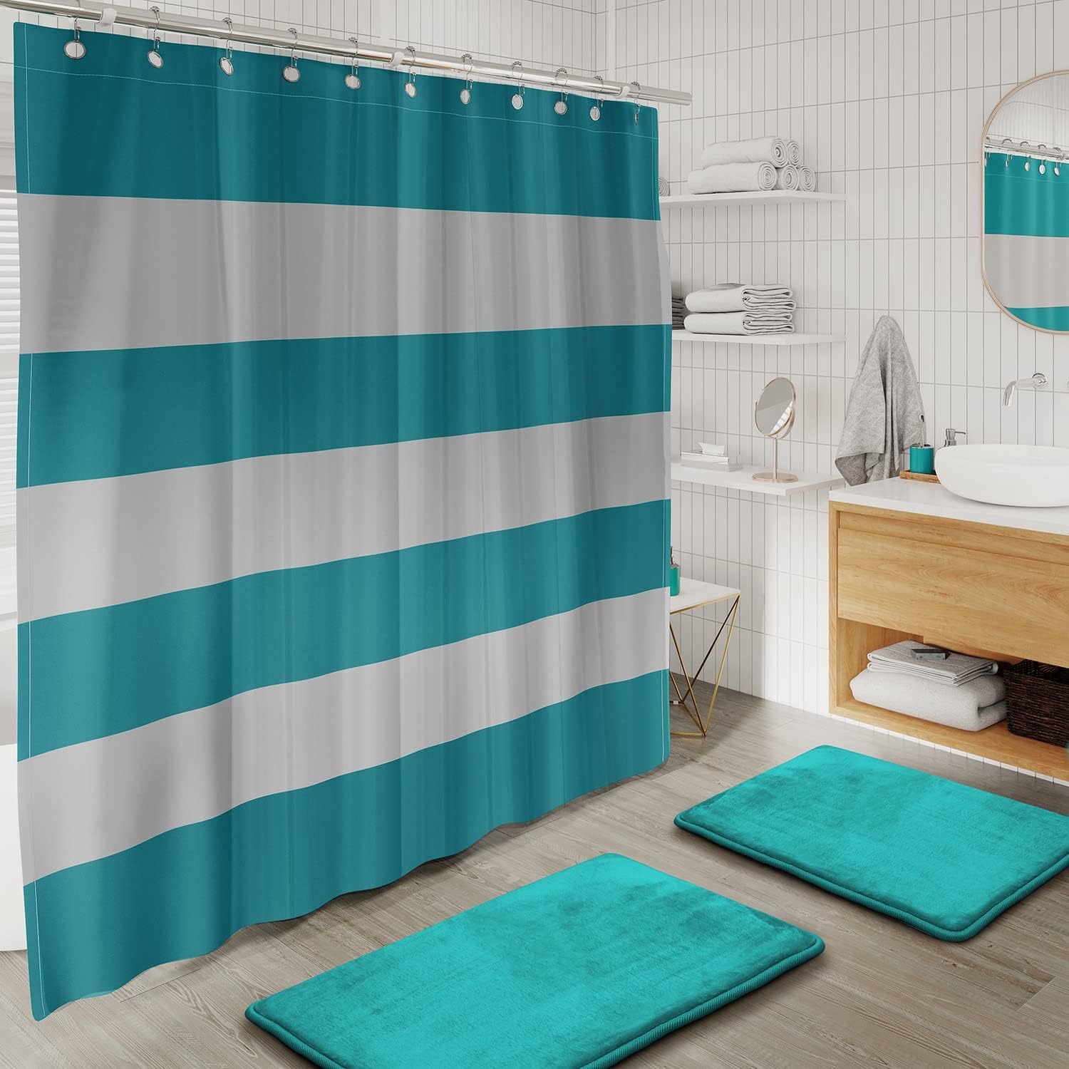Clara Clark Bathroom Set - Teal Bathroom Accessories Set, 20PC Bathroom Accessory Set, Shower Curtain Set with Liner, Toothbrush Holder, Soap Dispenser, Soap Dish, Toilet Brush Holder, and Trash Can9