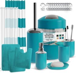 Clara Clark Bathroom Set - Teal Bathroom Accessories Set, Bathroom Sets with Shower Curtain and Rugs, 23PC Shower Curtain Set with Liner, Soap Dispenser, Soap Dish, Toilet Brush Holder, and Trash Can