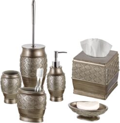 Creative Scents Bathroom Accessory Set - 6 Piece Bathroom Set includes: Toilet Brush and Holder, Tissue Cover, Toothbrush Holder, Soap Dispenser, Tumbler & Soap Dish, Brushed Silver - Dublin Style