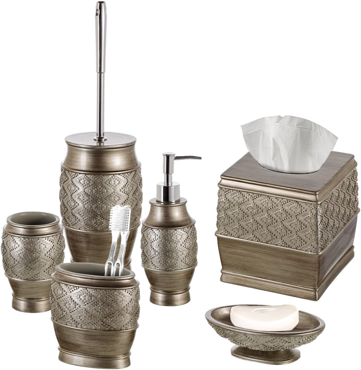 Creative Scents Bathroom Accessory Set - 6 Piece Bathroom Set includes Toilet Brush and Holder, Tissue Cover, Toothbrush Holder, Soap Dispenser, Tumbler & Soap Dish, Brushed Silver - Dublin Style Creative Scents Bathroom Accessory Set - 6 Piece Bathroom Set includes: Toilet Brush and Holder, Tissue Cover, Toothbrush Holder, Soap Dispenser, Tumbler & Soap Dish, Brushed Silver - Dublin Style