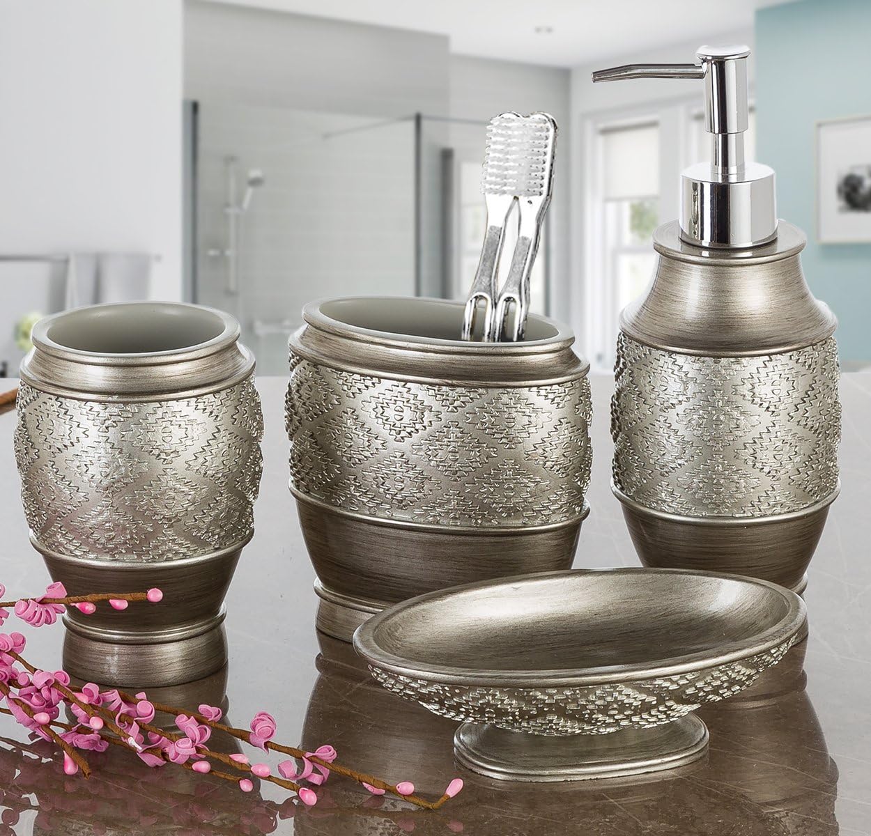 Creative Scents Bathroom Accessory Set - 6 Piece Bathroom Set includes Toilet Brush and Holder, Tissue Cover, Toothbrush Holder, Soap Dispenser, Tumbler & Soap Dish, Brushed Silver - Dublin Style2