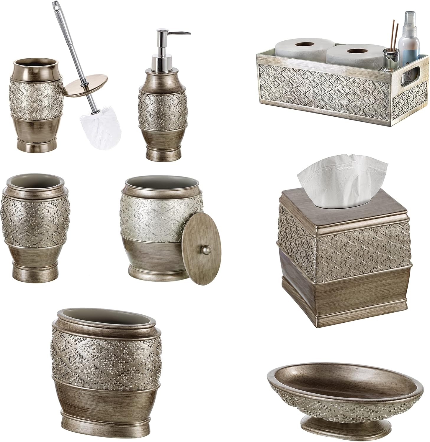 Creative Scents Bathroom Accessory Set - 6 Piece Bathroom Set includes Toilet Brush and Holder, Tissue Cover, Toothbrush Holder, Soap Dispenser, Tumbler & Soap Dish, Brushed Silver - Dublin Style56