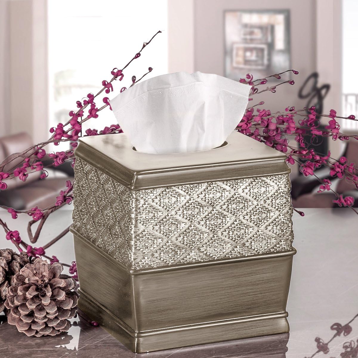 Creative Scents Bathroom Accessory Set - 6 Piece Bathroom Set includes Toilet Brush and Holder, Tissue Cover, Toothbrush Holder, Soap Dispenser, Tumbler & Soap Dish, Brushed Silver - Dublin Style8