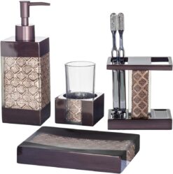 Creative Scents Bronze Bathroom Accessory Sets - Decorative 4 Piece Bathroom Set includes: Soap Dispenser, Toothbrush Holder, Tumbler and Soap Dish (Dahlia Collection)