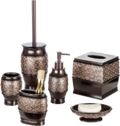 Creative Scents Brown Bathroom Accessories Set - 6-Piece Bathroom Set includes: Decorative Soap Dispenser, Soap Dish, Tumbler, Toothbrush Holder, Tissue Box Cover and Toilet Bowl Brush (Dublin)