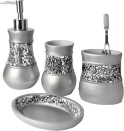 Creative Scents Gray Bathroom Accessories Set - 4 Piece Bathroom Decor Set for Home, Bath Restroom Set Features Soap Dispenser, Toothbrush Holder, Tumbler, Soap Dish - Bling Silver Mosaic Glass
