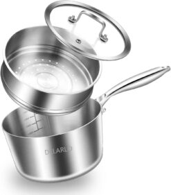 DELARLO Kitchen Tri-Ply Stainless 3-Quart Steamer Set With Glass Lid,with Ergonomic Handle, Multipurpose Sauce Pan, Sauce Pot，oven safe