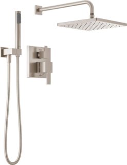 Delta Faucet Modern Raincan 2-Setting Square Shower System Including Rain Shower Head and Handheld Spray Brushed Nickel, Rainfall Shower System Brushed Nickel, Spotshield Stainless 342701-SP