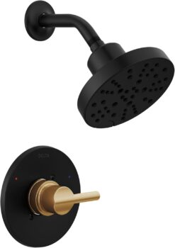 Delta Faucet Nicoli 14 Series Single-Handle Shower Faucet, Shower Trim Kit with 5-Spray H2Okinetic Shower Head, Matte Black/ Champagne Bronze 142749-GZ (Shower Valve Included)
