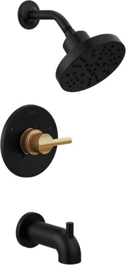 Delta Faucet Nicoli 14 Series Single-Handle Tub and Shower Faucet, Shower Trim Kit with 5-Spray H2Okinetic Shower Head, Matte Black/ Champagne Bronze 144749-GZ (Shower Valve Included)