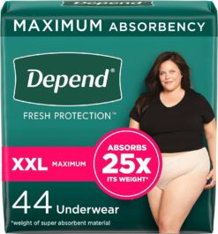 Depend Fresh Protection Adult Incontinence & Postpartum Bladder Leak Underwear for Women, Disposable, Maximum, Extra-Extra-Large, Blush, 44 Count (2 Packs of 22), Packaging May Vary