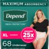 Depend Fresh Protection Adult Incontinence & Postpartum Bladder Leak Underwear for Women, Disposable, Maximum, Extra-Large, Blush, 68 Count (2 Packs of 34), Packaging May Vary