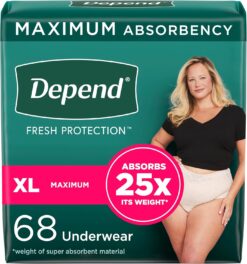 Depend Fresh Protection Adult Incontinence & Postpartum Bladder Leak Underwear for Women, Disposable, Maximum, Extra-Large, Blush, 68 Count (2 Packs of 34), Packaging May Vary