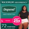 Depend Fresh Protection Adult Incontinence & Postpartum Bladder Leak Underwear for Women, Disposable, Maximum, Large, Blush, 72 Count (2 Packs of 36), Packaging May Vary