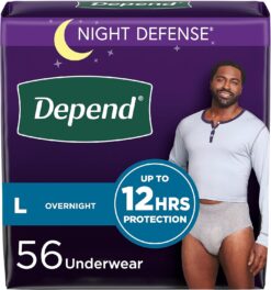 Depend Night Defense Adult Incontinence Underwear for Men, Disposable, Overnight, Large, Grey, 56 Count (4 Packs of 14), Packaging May Vary