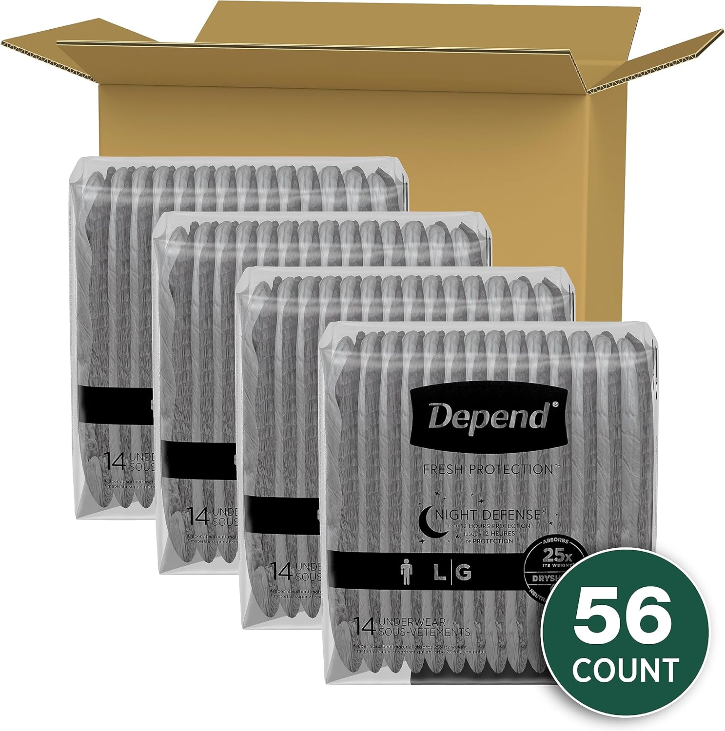 Depend Night Defense Adult Incontinence Underwear for Men, Disposable, Overnight, Large, Grey, 56 Count (4 Packs of 14), Packaging May Vary1