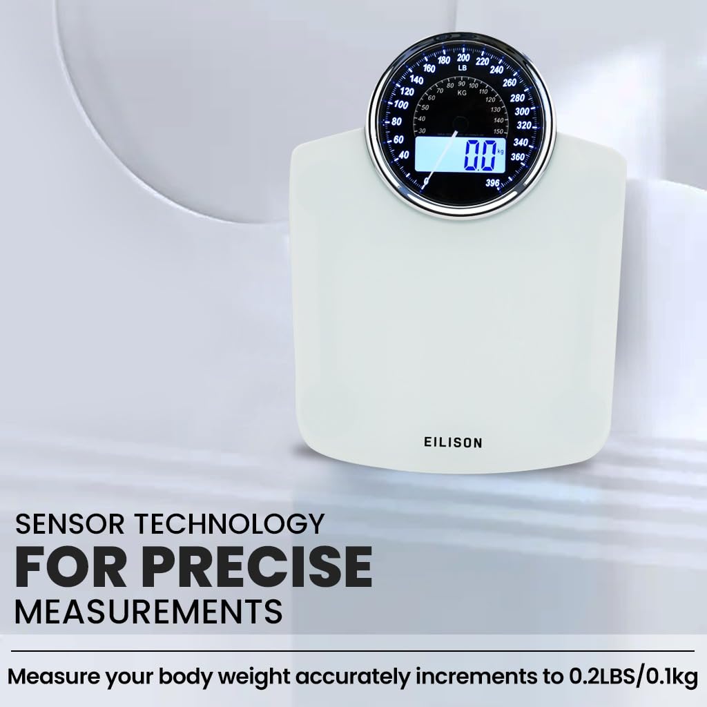 EILISON Highly Advance 2-in-1 Digital & Analog Weighing Scale for Body Weight-400lbs, 4 High Precison GX Sensor Accurate, Thick Tempered Glass, Extra Large Display (White)1